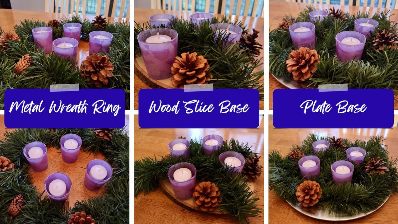 Advent Wreath Making options including examples of Metal Wreath Ring, Wood Slice Base, and Plate Base wreaths