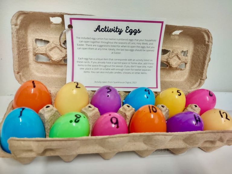 2024 Lent at Home Activity Eggs kit with 12 multicolored plastic numbered eggs with instructions from Resurrection Lutheran Church